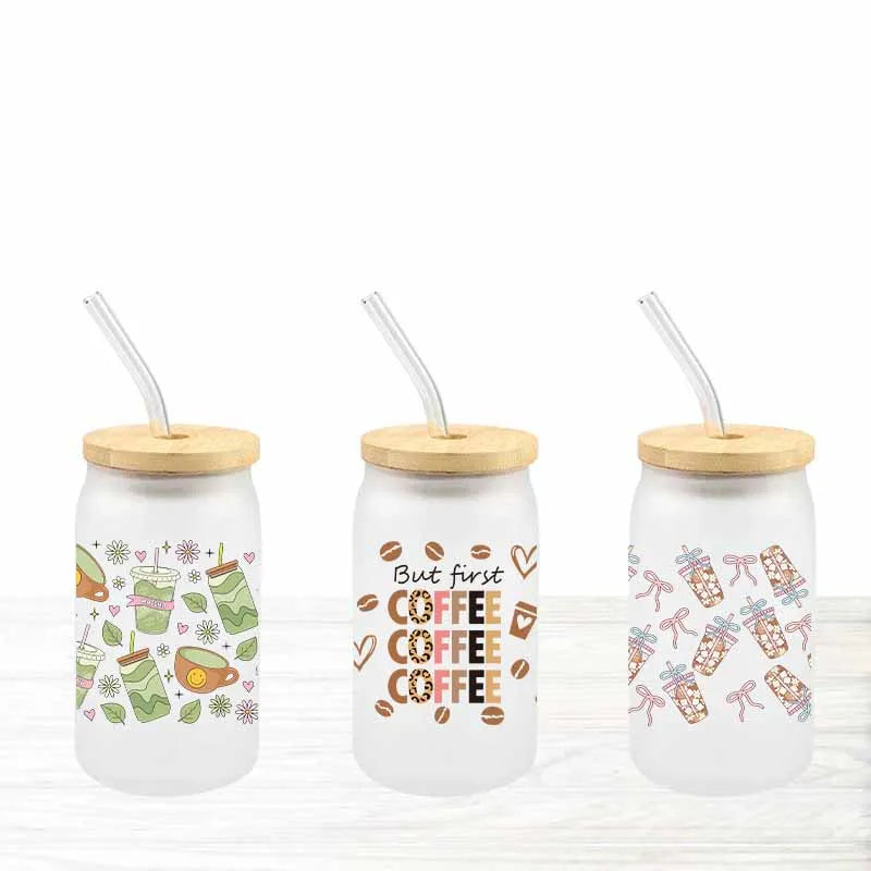 autocollants transfert motif coeurs boissons cartoon transparent opaques tasses croissants glaces bouteille verre couvercle
