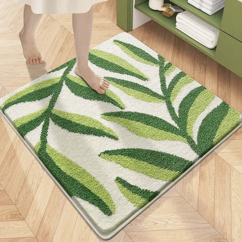 tapis bain microfibre carré motif fleurs moderne doux absorbant salle bain vert blanc