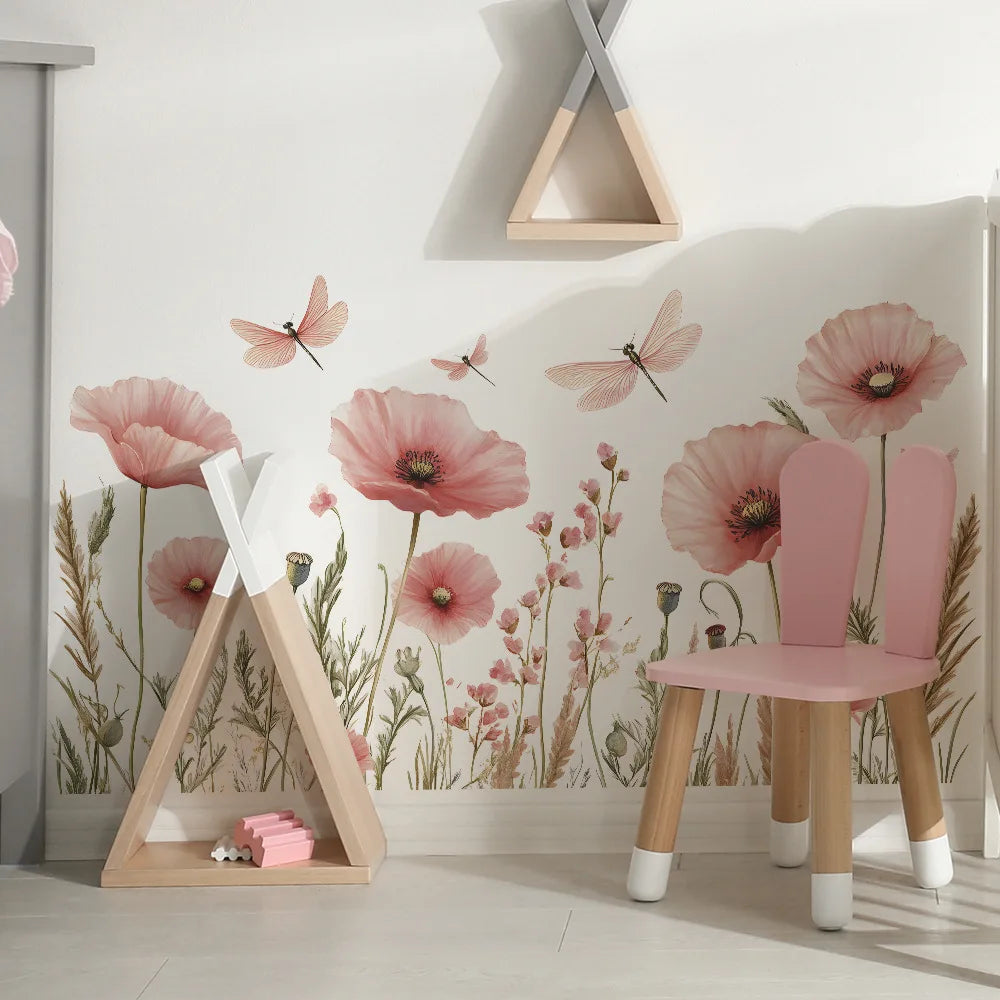 autocollants muraux fleurs roses dragonflies feuilles décoration murale intérieure pvc autoadhésifs naturel pastoral 54cm