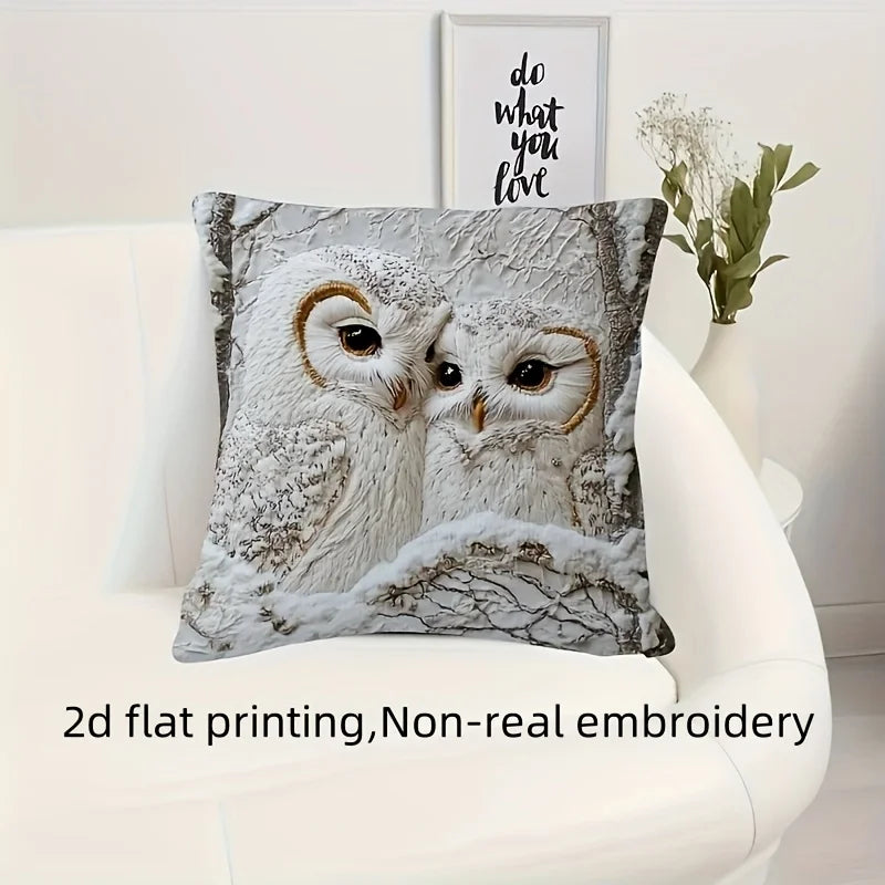 housse coussin carré motif chouettes neige texture veloutée polyester blanc moderne maison chambre coucher