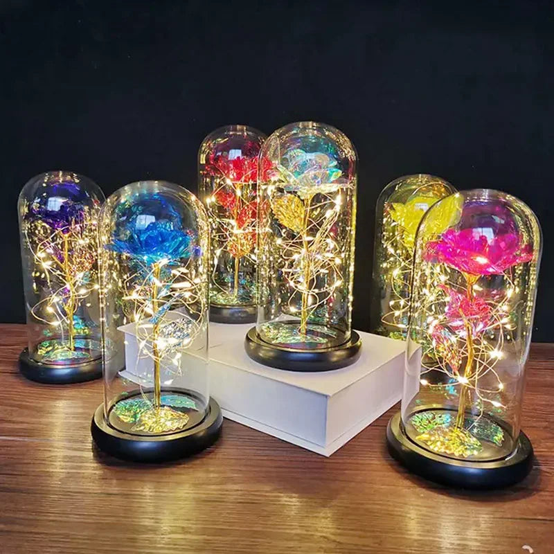 veilleuse led rose artificielle cloche verre éclairage couleur variée base noire