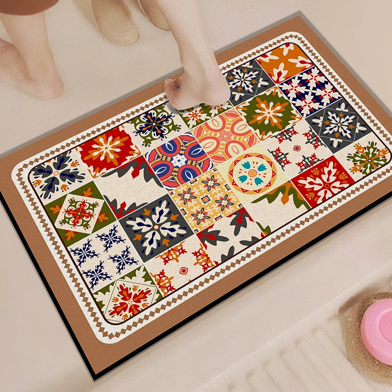 tapis sol multicolore patchwork moderne motifs géométriques floraux salle bain lavable machine absorbant