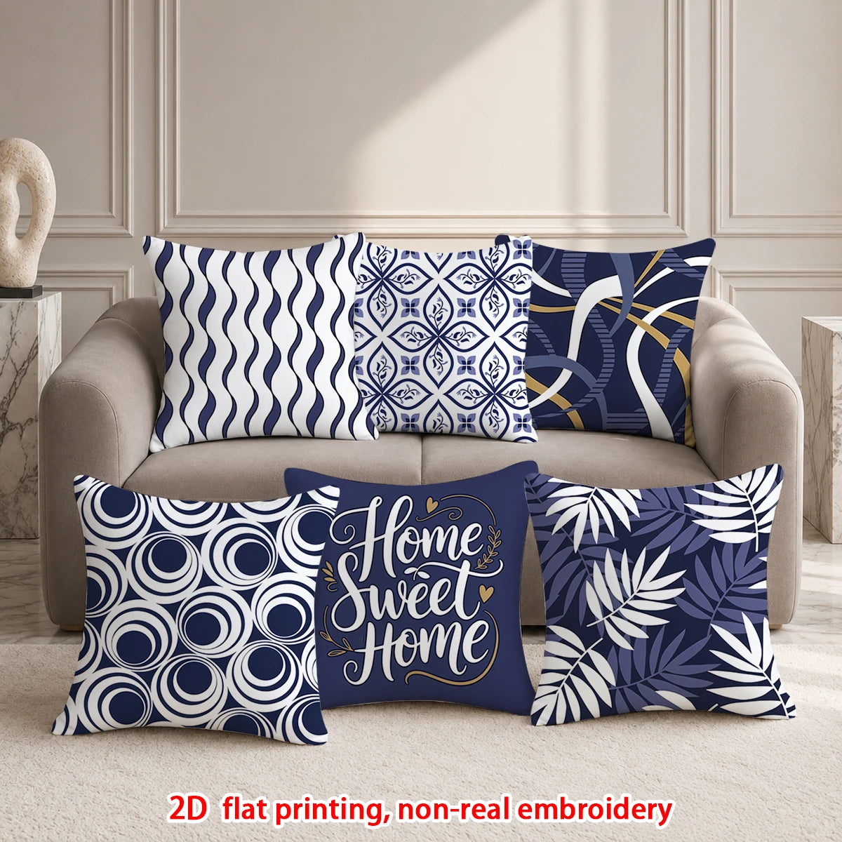 housse coussin bleu marine motif géométrique feuilles palmier sweet moderne minimaliste polyester