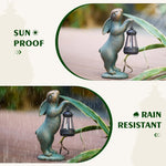 statue jardin lapin lanterne bleu turquoise doré texture patinée led automatique