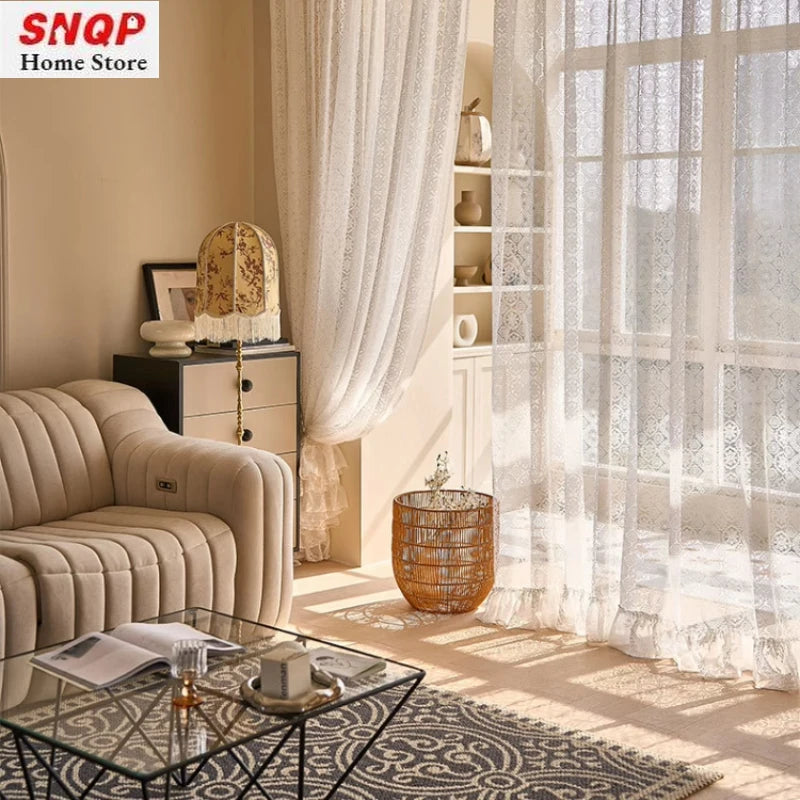 rideau dentelle blanc transparent romantique anneaux fenêtre salon chambre maison luxe