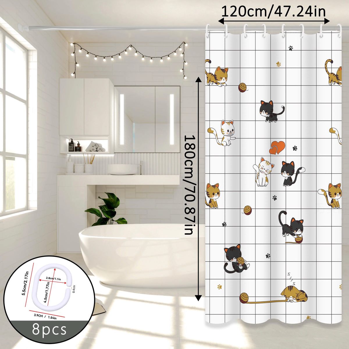 rideau douche moderne chatons peluches opacité blanc noir orange