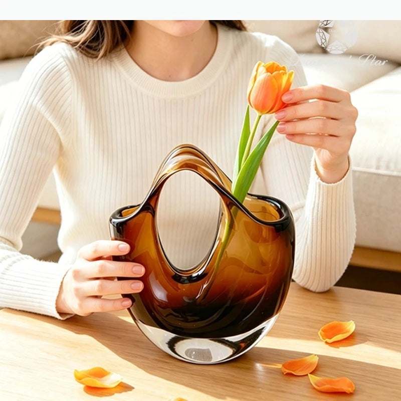 vase verre marron moderne asymétrique tulipe pétale arrangement floral transparent 24cm 21cm