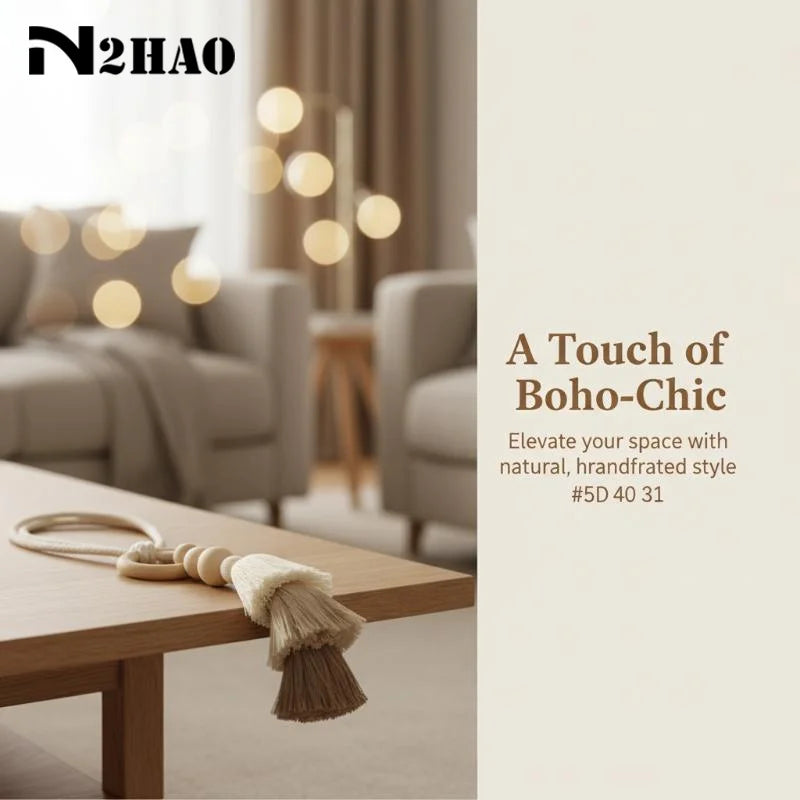 rideau boho chic anneaux bois pompons coton beige clair uni