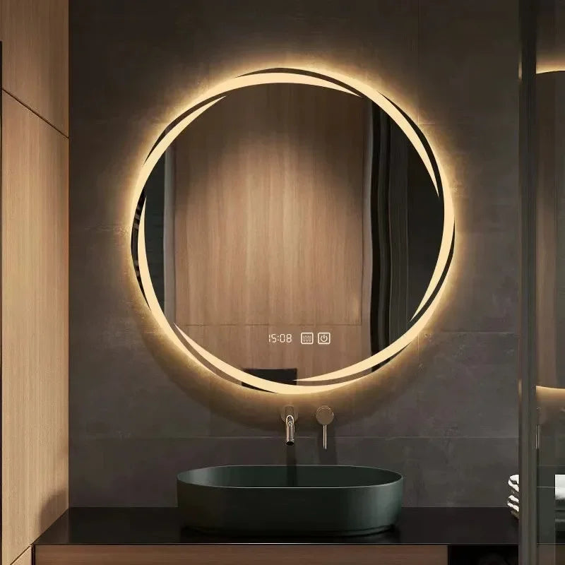 miroir rond lumineux noir doré rayures modernes led réglable heures