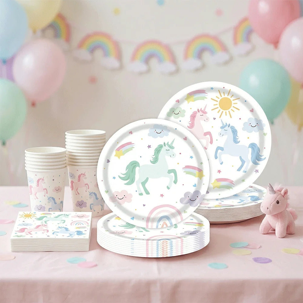 assiettes gobelets serviettes licorne arc ciel anniversaire enfant festif multicolore papier blanc rose bleu