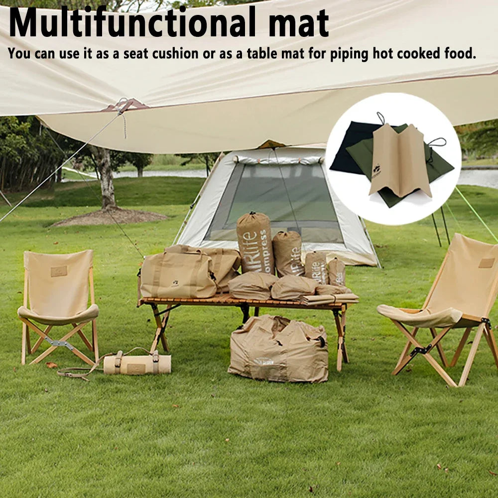 coussin pliable plein air camping noir vert olive imprimé logo blanc texture tissée pratique