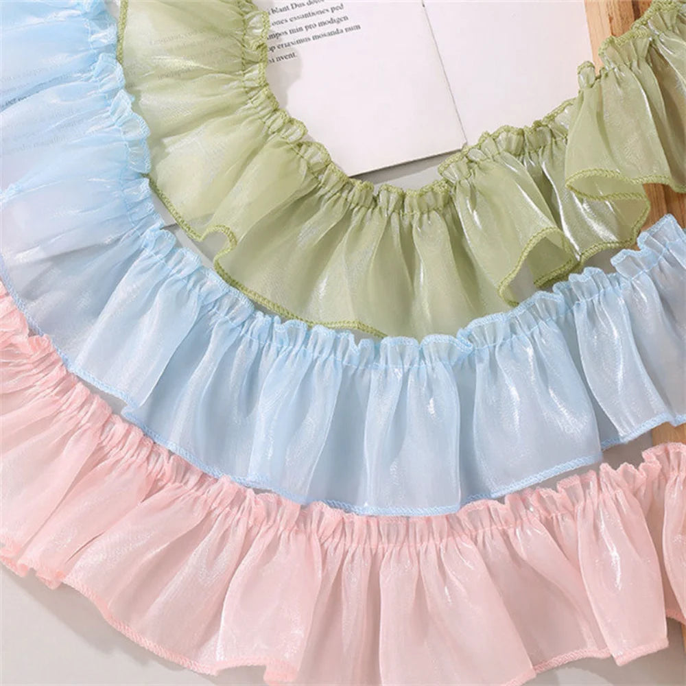 ruban gros grain rayures fines fronces translucide bleu clair vert pastel rose pâle blanc