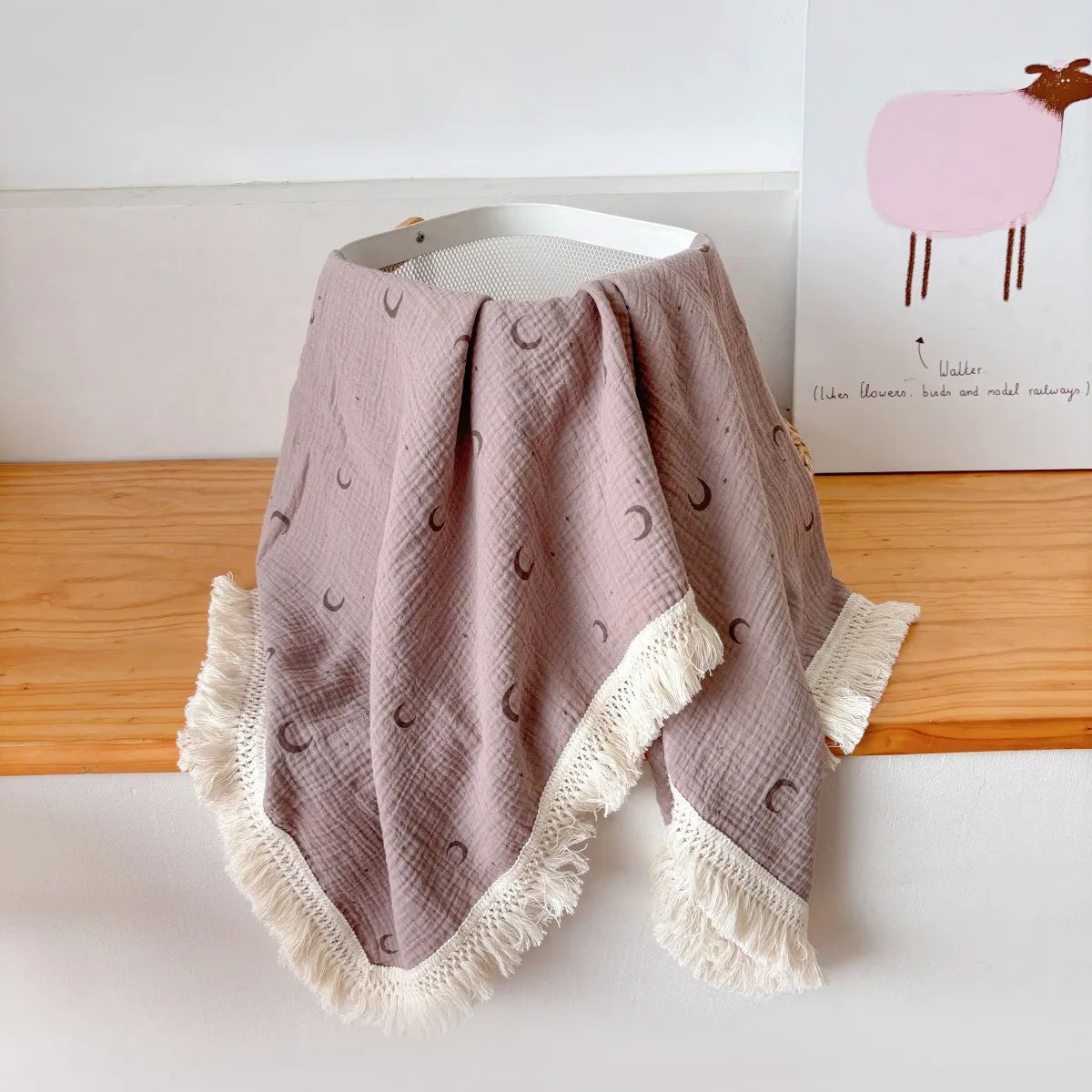 couverture bébé coton rayures pois étoiles lunes fleurs blanc beige rose gris franges anneaux
