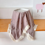 couverture bébé coton rayures pois étoiles lunes fleurs blanc beige rose gris franges anneaux