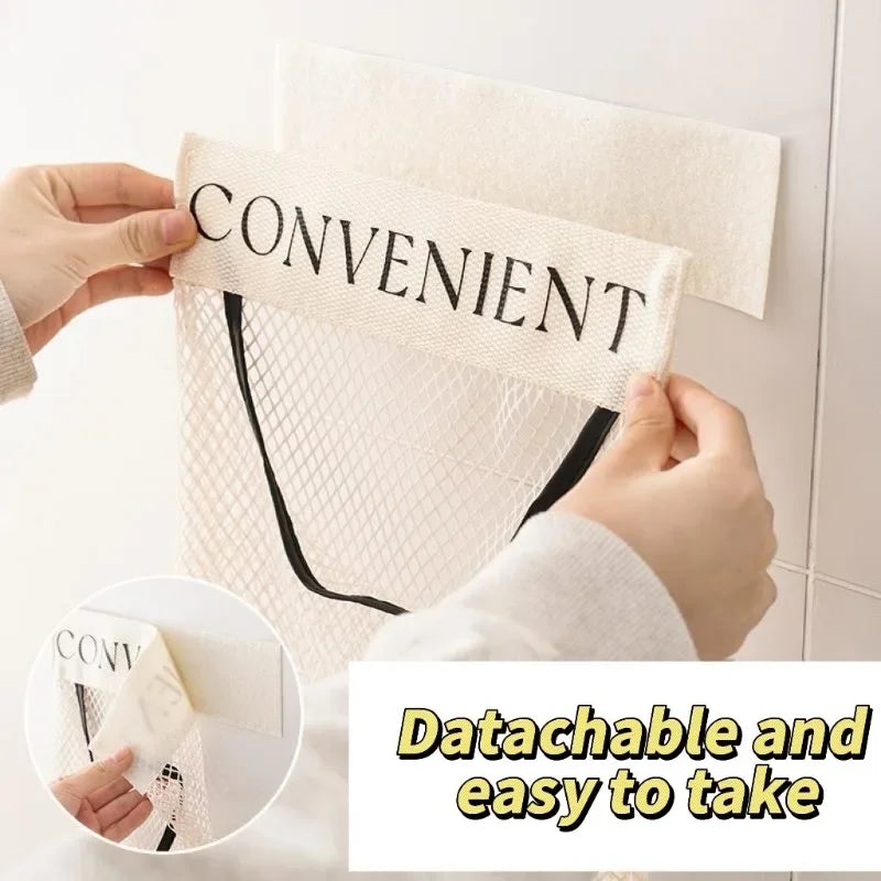 sacs rangement polyester muraux adhésifs velcro blanc beige noir minimalistes translucides mailles tissées 25x30cm