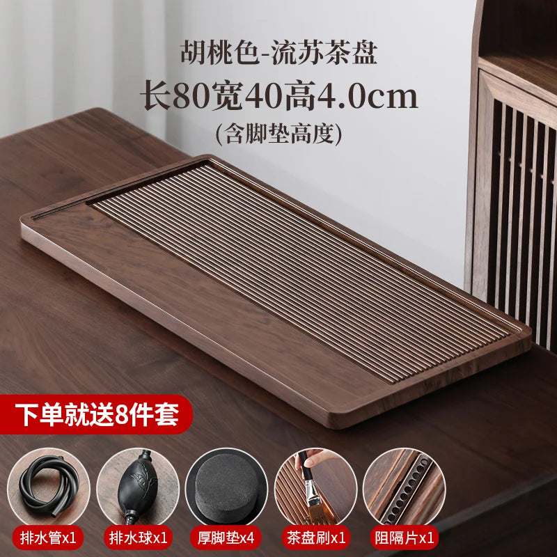 plateau thé bois bambou moderne lignes verticales marron foncé tasses théière salon chambre