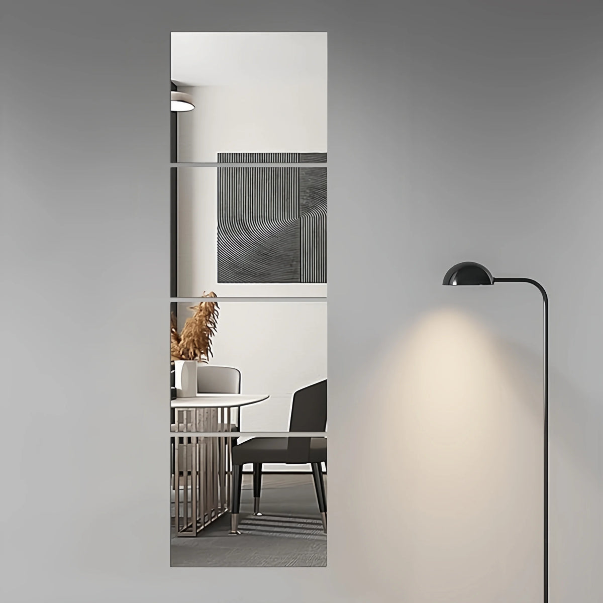panneau miroir acrylique moderne rayures noires blanc gris adhésif décoration salon porte garde robe