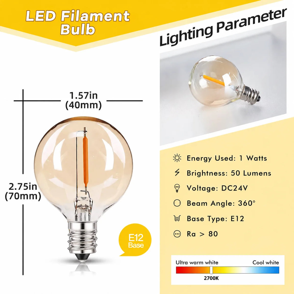guirlande lumineuse solaire extérieure 24V LED filament ambre transparent moderne vintage clips noirs