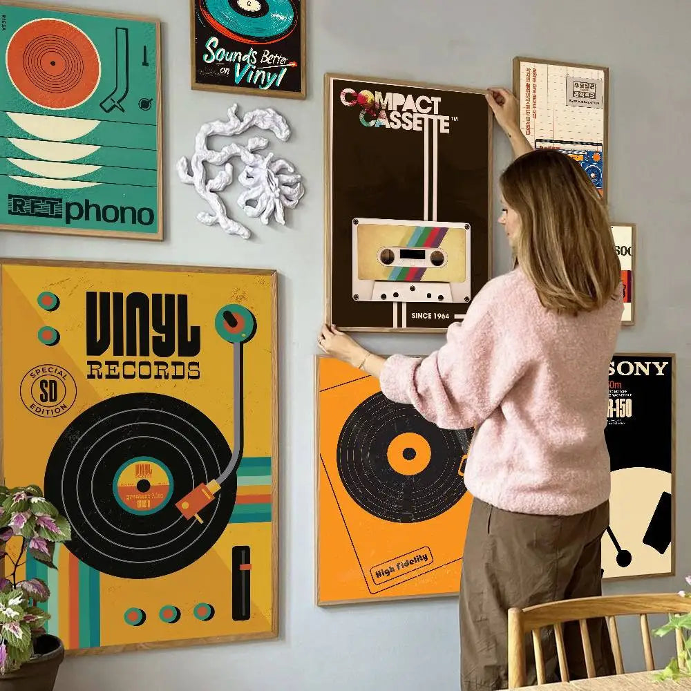 affiches murales vintage rétro disques vinyle illustration cassette audio chambre décoration noire orangée