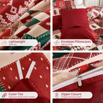 Housse de couette festive dépliée montrant le design complet rouge et vert