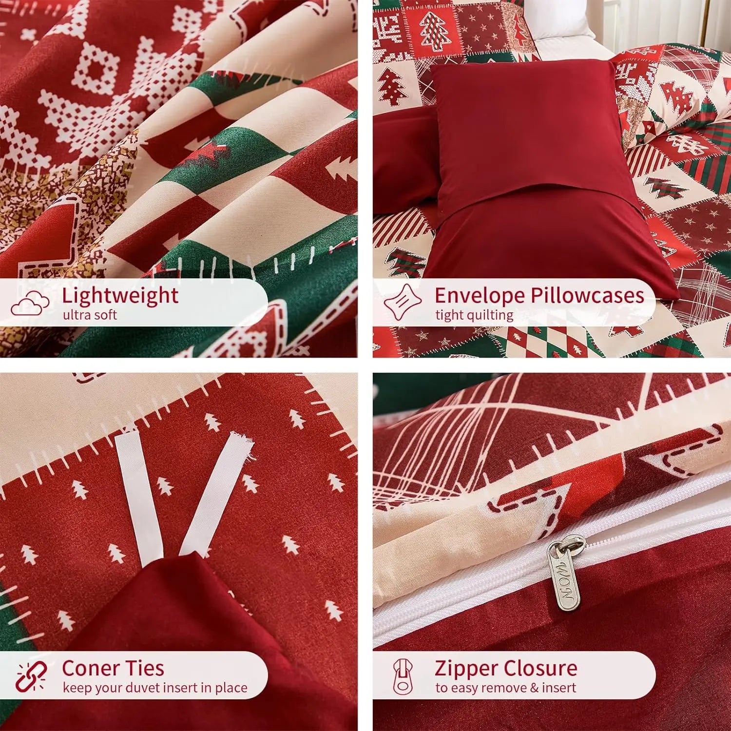 Housse de couette festive dépliée montrant le design complet rouge et vert