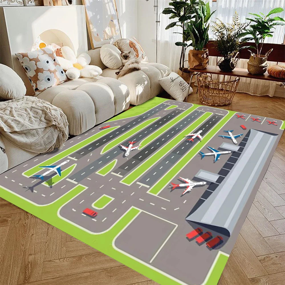 tapis moderne aéroport pistes avions enfants gris vert bleu blanc floral
