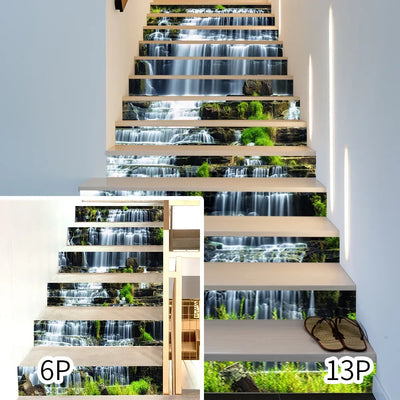 Stickers escalier 3D forêt cascade en PVC appliqué sur un escalier moderne