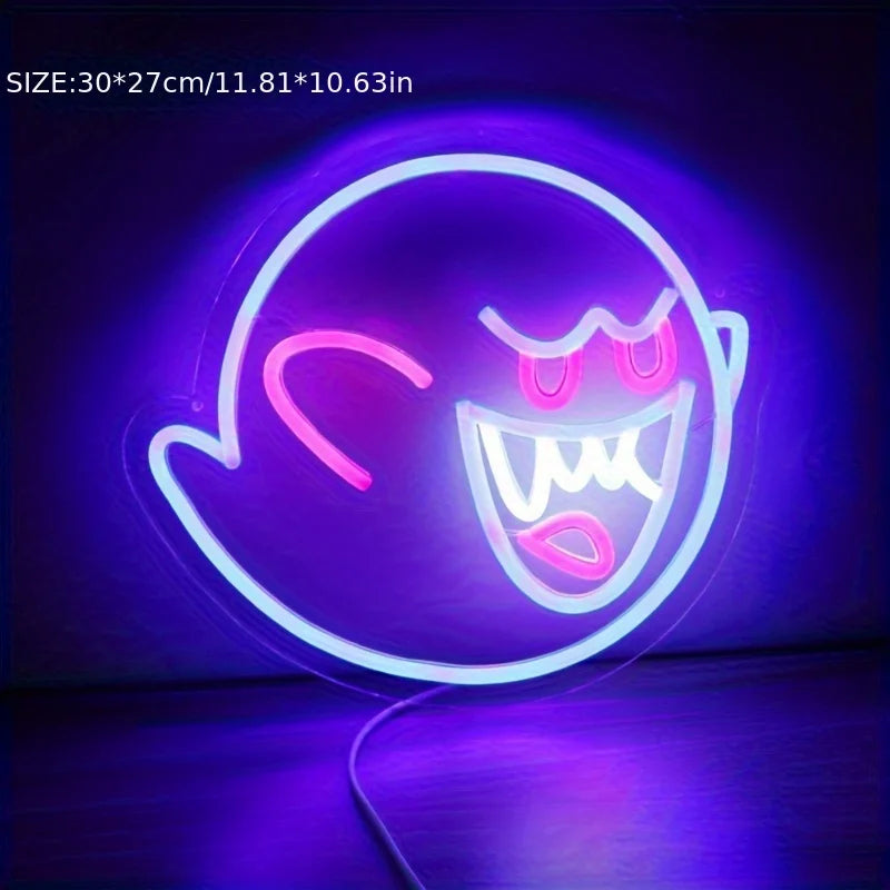 lampe néon led bleu rose fantôme souriant chargeur usb portable chambre décoration festive documents