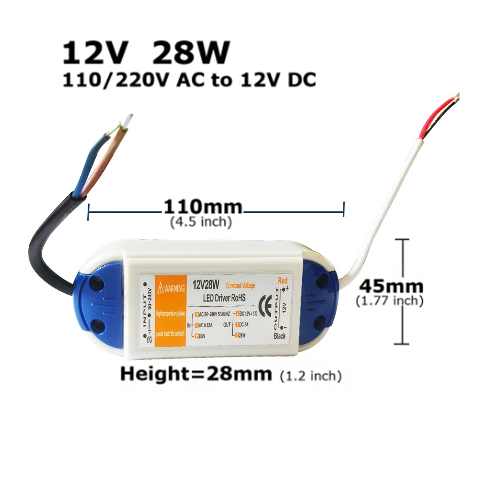 transformateur led 12v 18w 28w 48w 72w 100w blanc bleu moderne câbles vis certification