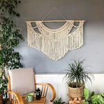 tapisserie macramé géométrique franges bohème décoration murale øllets beige clair