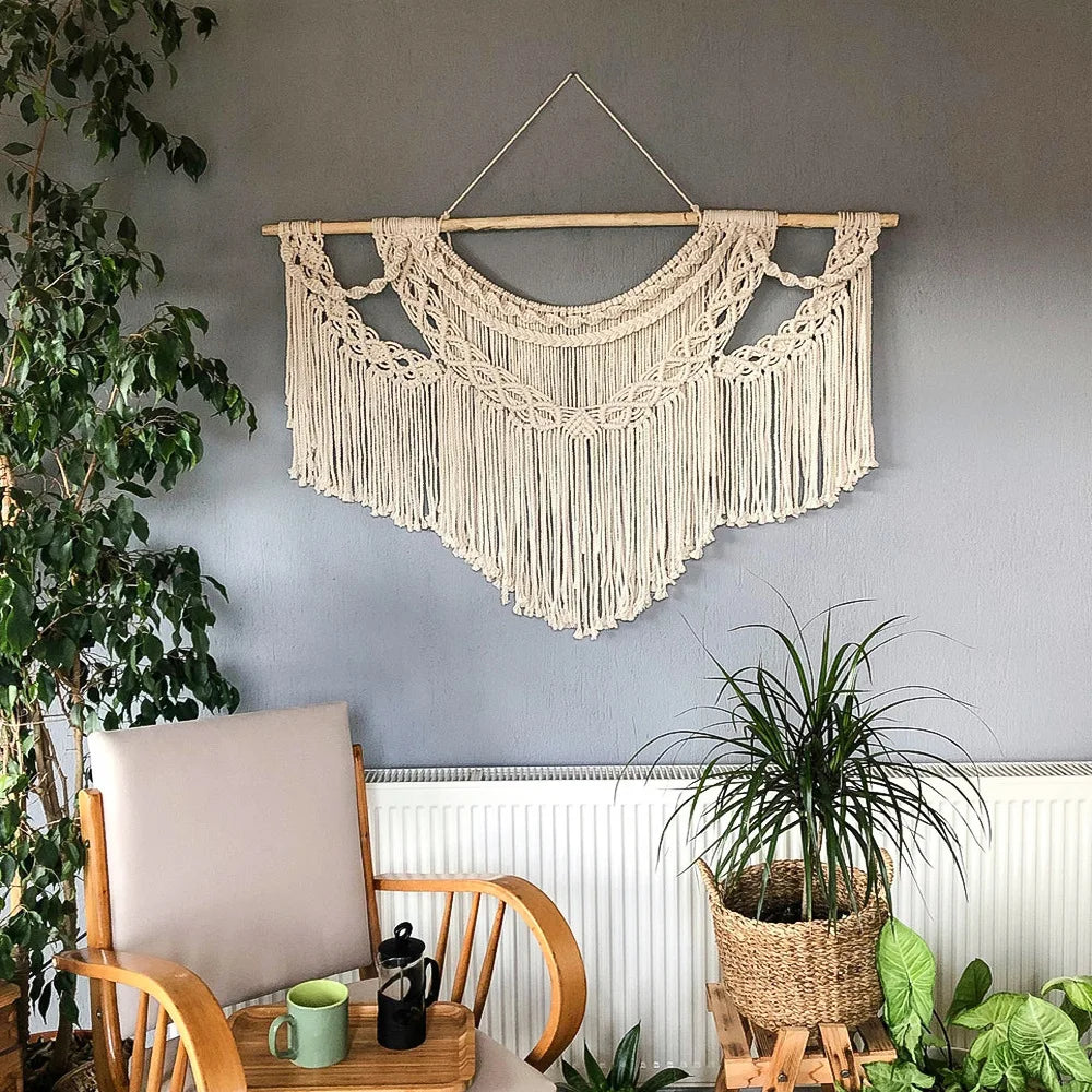 tapisserie macramé géométrique franges bohème décoration murale øllets beige clair