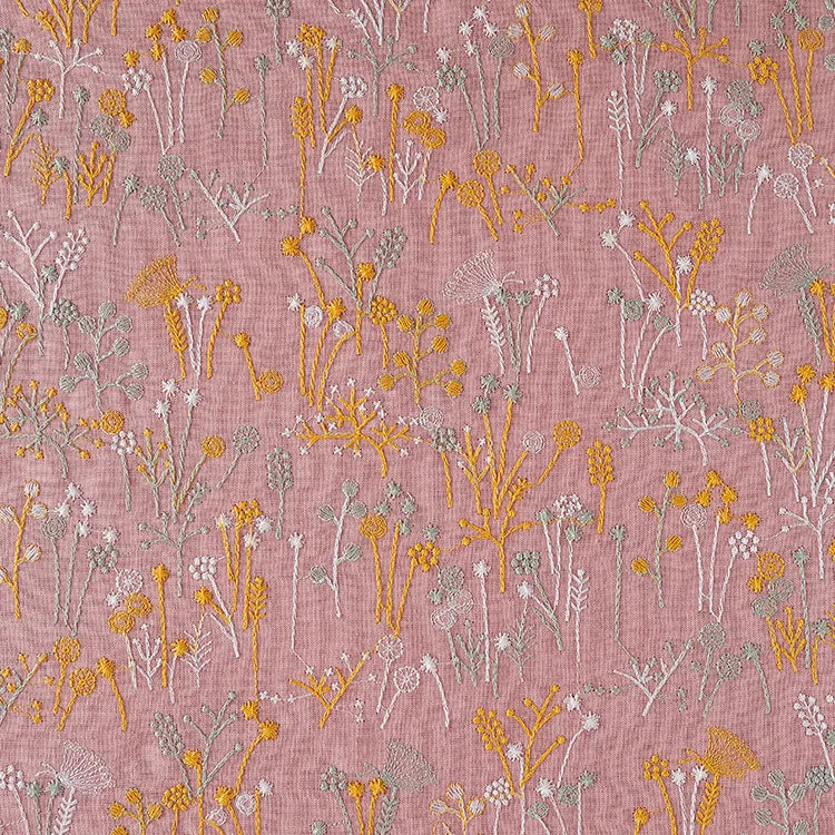 tissu brodé fleurs stylisées vert olive jaune blanc résistant écologique 122cm large