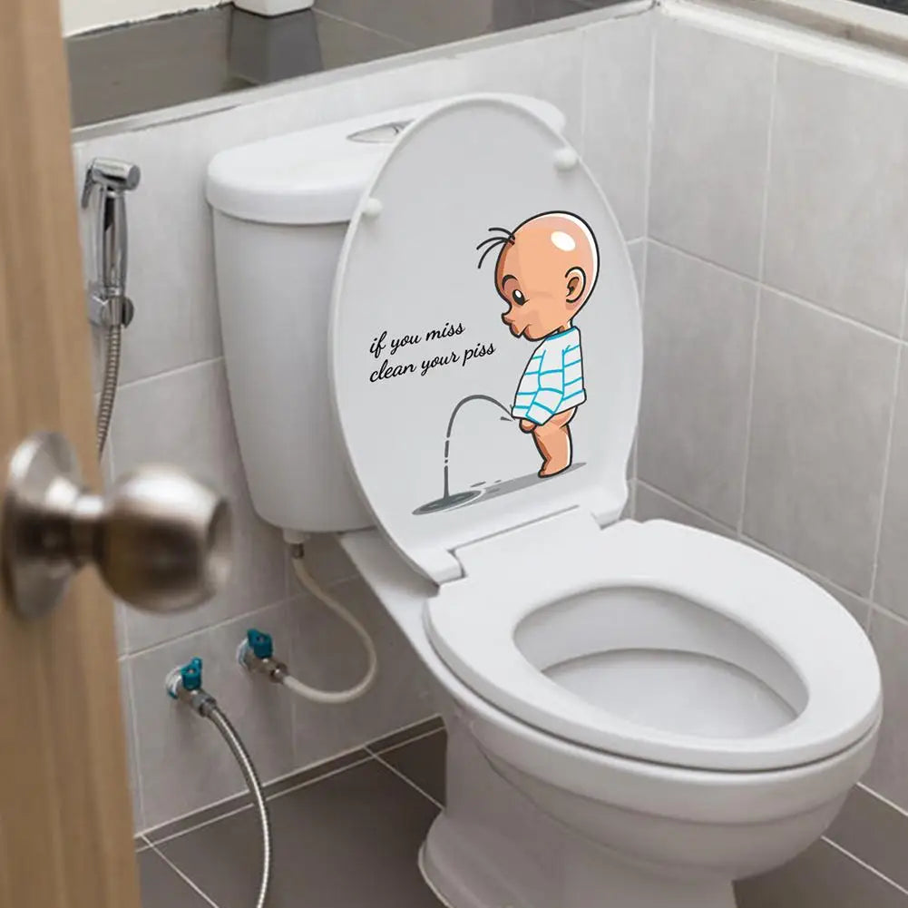 sticker toilette cartoon bébé sous vêtements uriner jet eau texte blague pisse