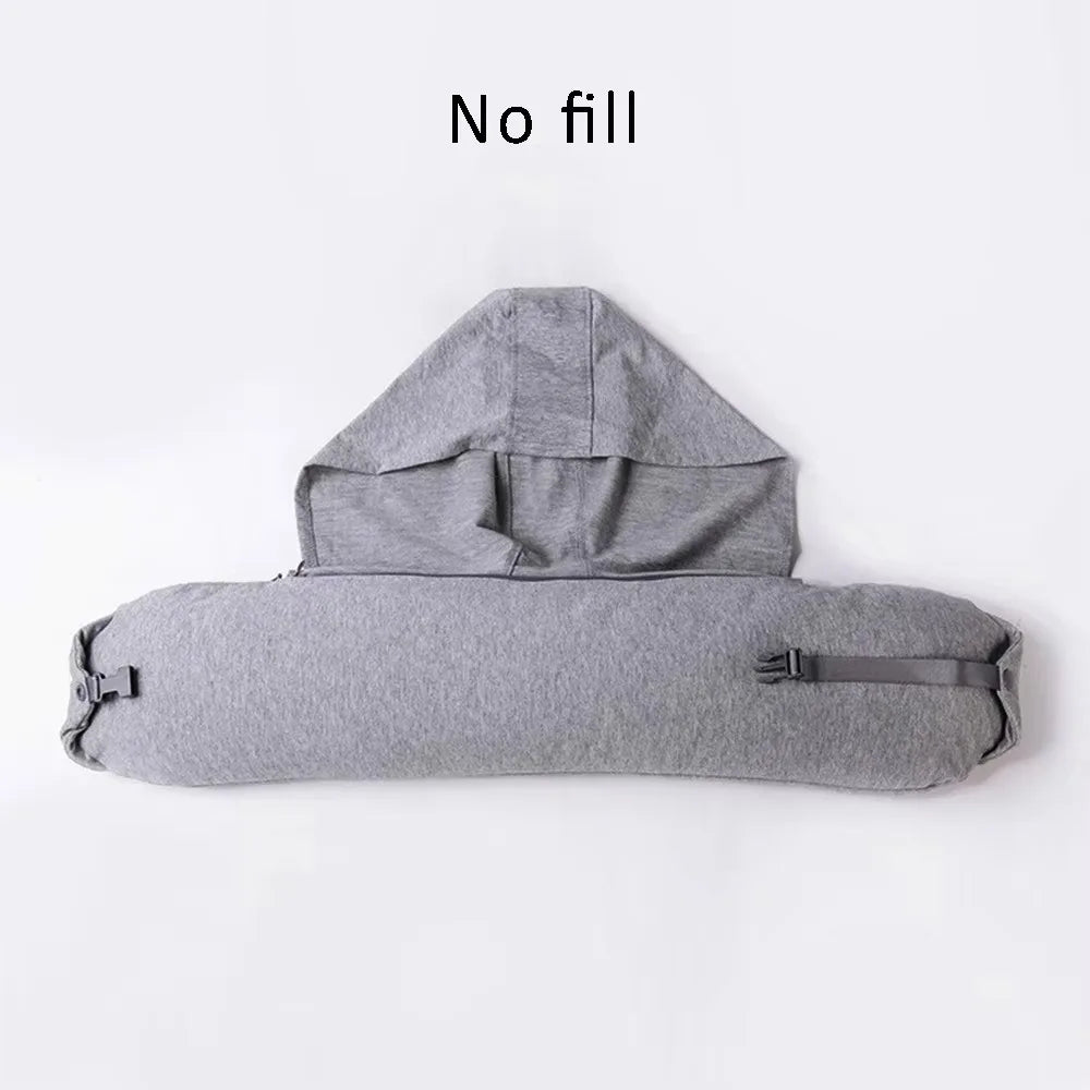 coussin voyage capuche gris clair mousse mémoire forme cale confortable pratique ceinture sécurité écouteurs