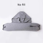 coussin voyage capuche gris clair mousse mémoire forme cale confortable pratique ceinture sécurité écouteurs