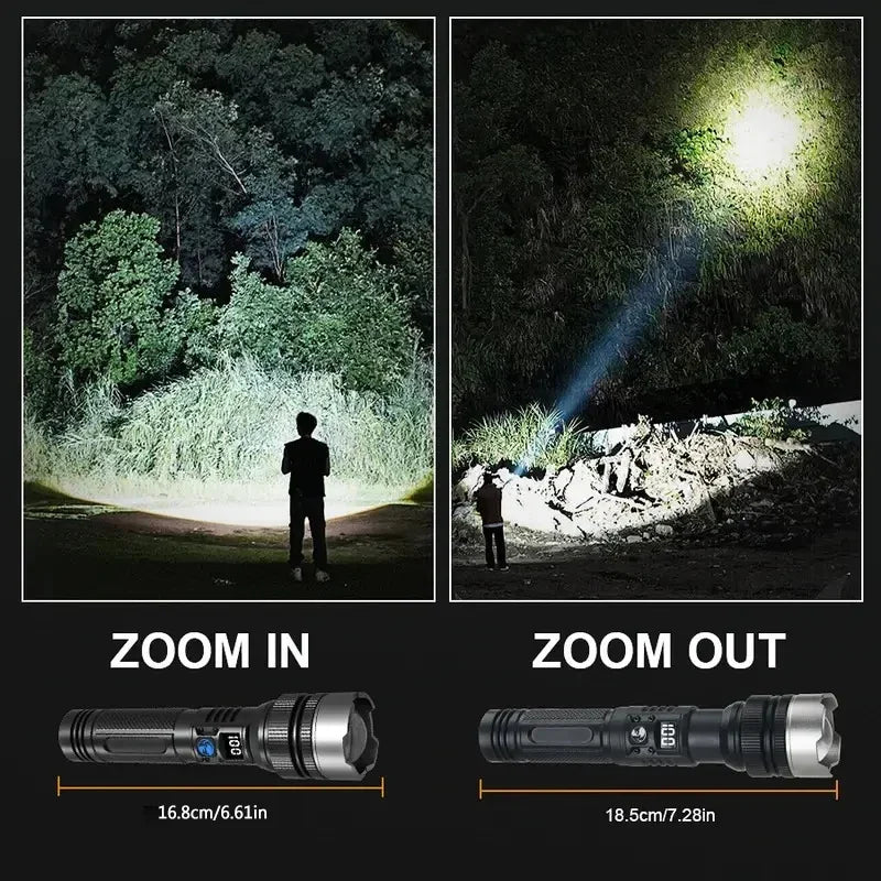 lampe poche led rechargeable zoom écran numérique 15w 100mètres noir texturé moderne