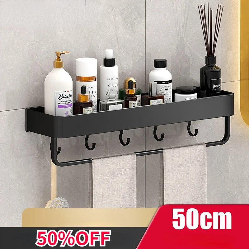 étagères murales modernes noires clips serviettes brosses lotions flacons salle bain