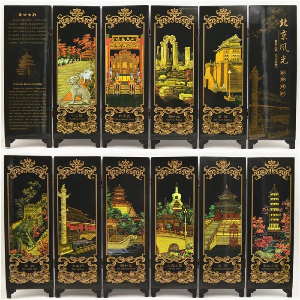 paravent chinois peinture traditionnelle paysages animaux calligraphie bois doré noir ornement chambre multifonctionnel souvenirs