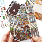 puzzle 3d intérieurs extérieurs bâtiments bleu marron beige violet illustration détaillée artiste