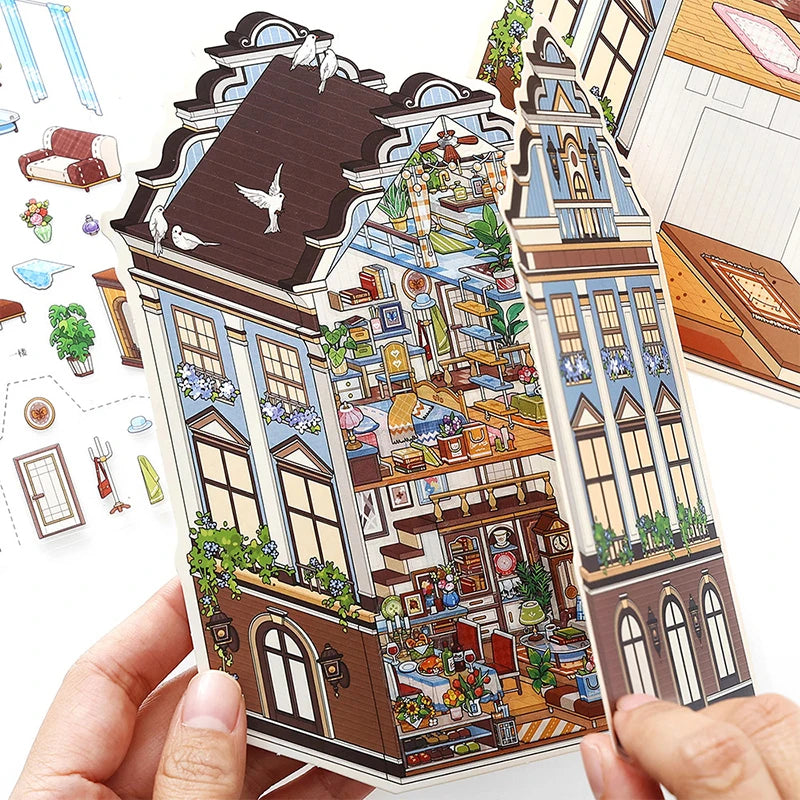 puzzle 3d intérieurs extérieurs bâtiments bleu marron beige violet illustration détaillée artiste