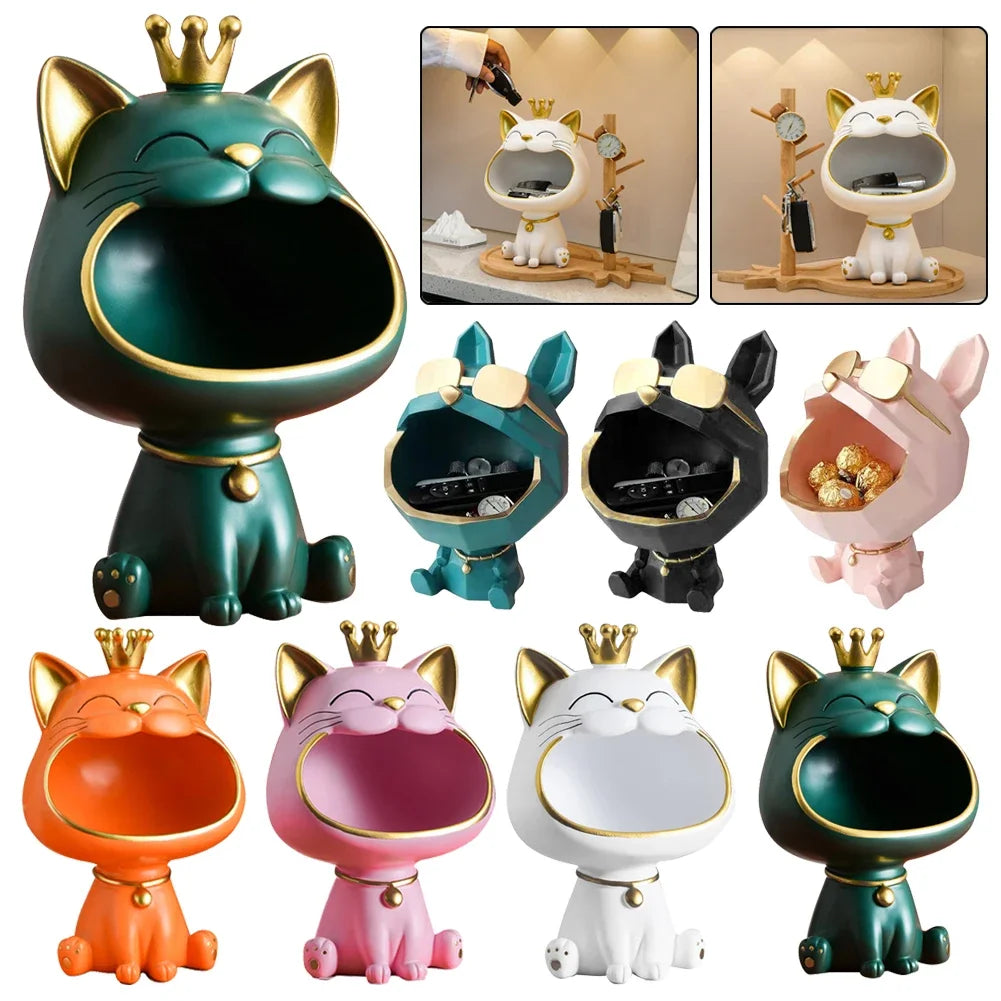 statue chat souriant couleurs vert bleu orange blanc couronne dorée cartoon decoration maison chambre