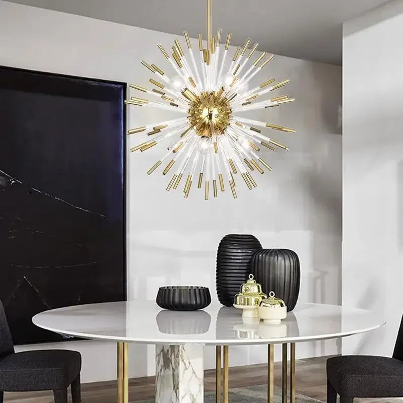 Suspension lumineuse moderne or blanc rayons transparents chambre salon étude hall led warm white