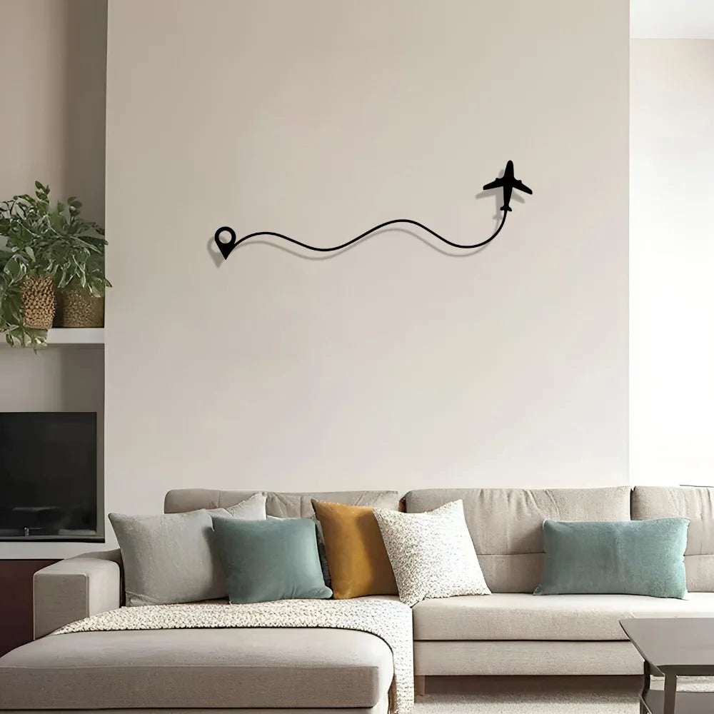 sculpture murale minimaliste avion noir fond métal 30cm erotique trajet ondulé