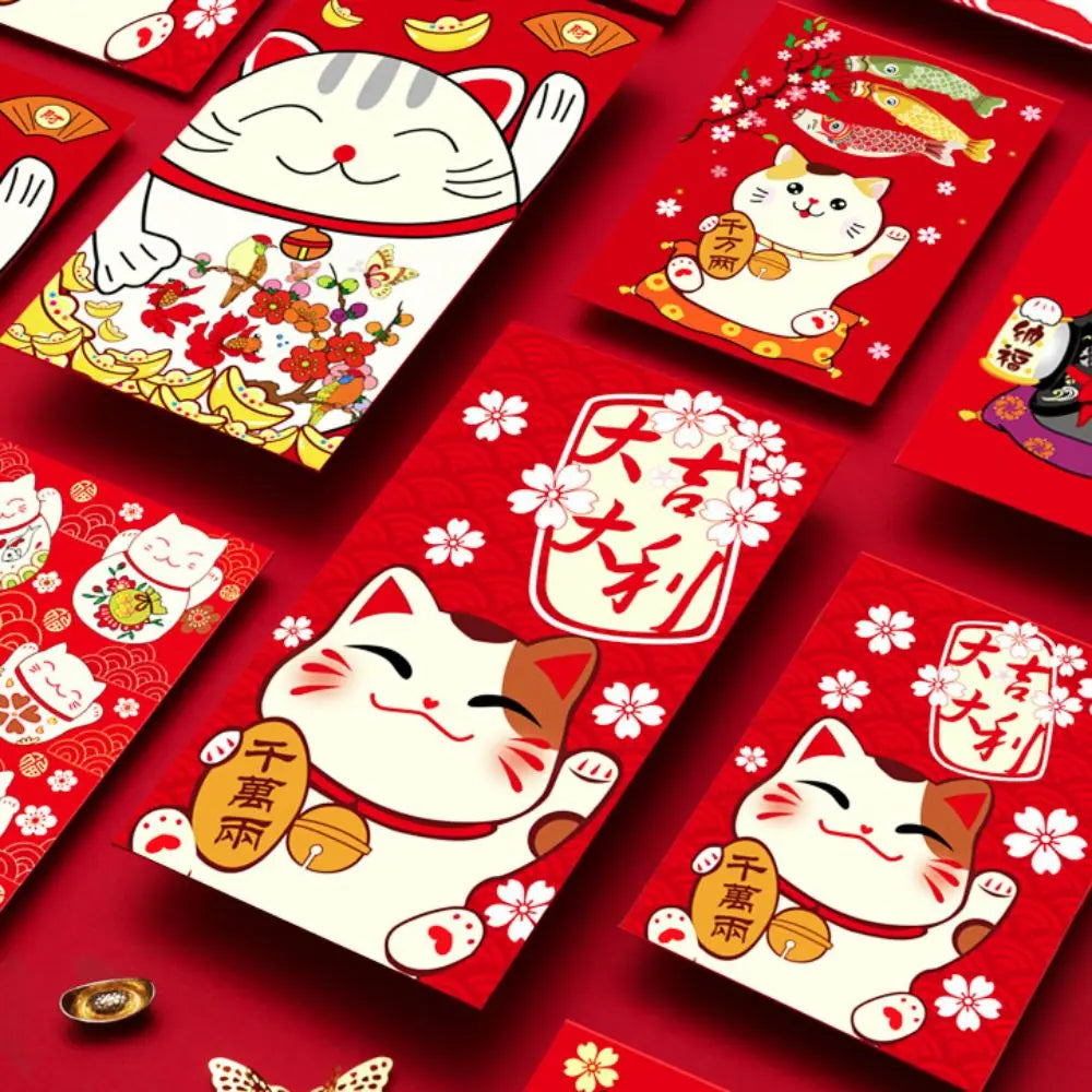 enveloppes rouges traditionnelles chinoises chat porte bonheur fleurs cerisier symboles finance caractères chinois festif