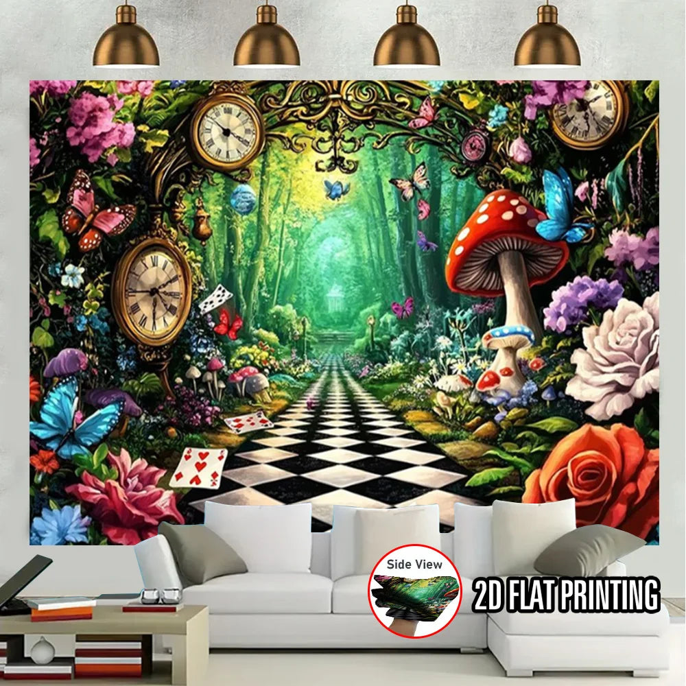 décoration murale fantaisie alice pays merveilles horloges papillons champignons fleurs verte rouge