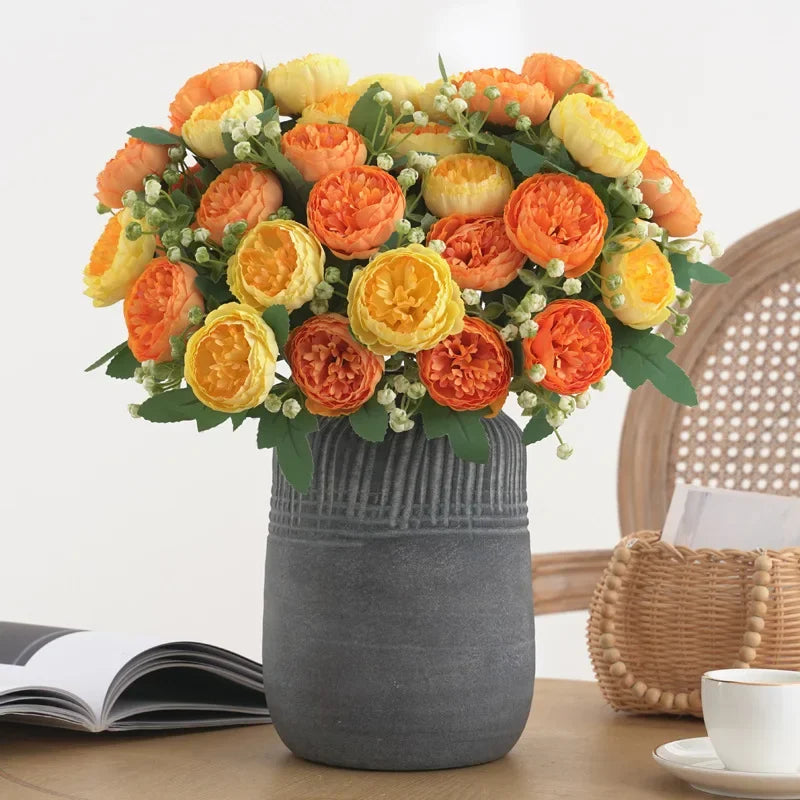 bouquet fleurs artificiel soie orange rouge classique decoration intérieur 30cm 7têtes
