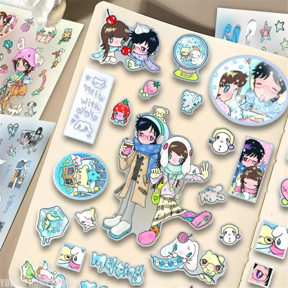 sticker kawaii autocollants mignons dessins animés personnages animaux coeurs floraux pvc multicolores scrapbooking téléphone