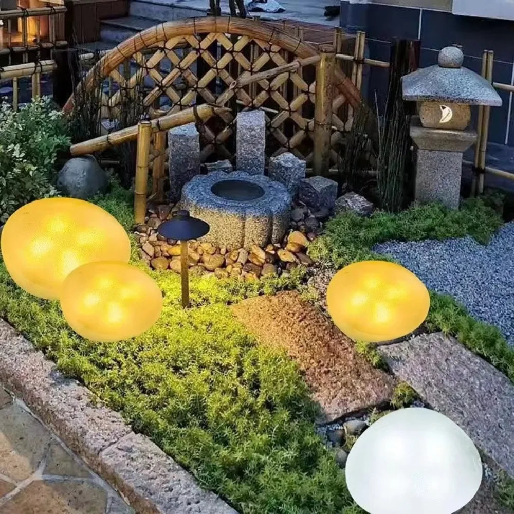 lumière solaire led jardin blanc jaune bleu galet zen minimalisteextérieur poser