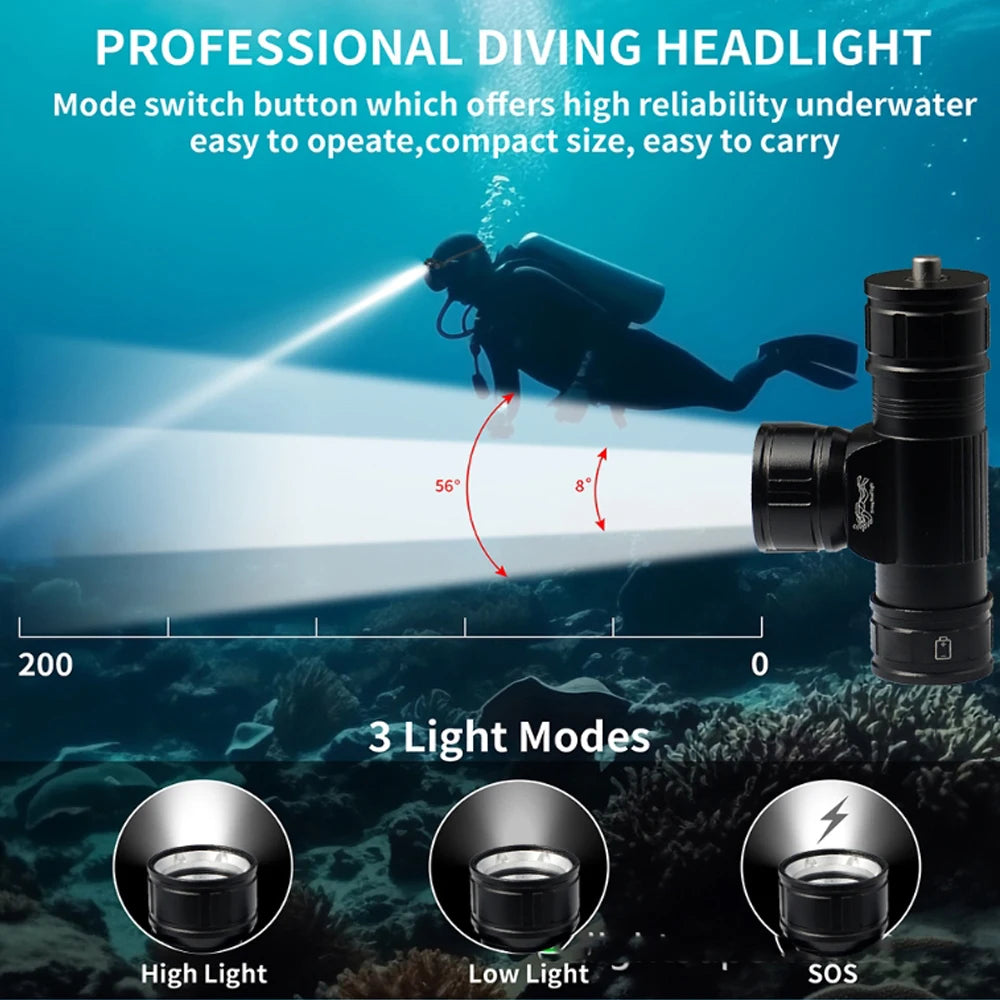 lampe torche plongée noire ceinture ajustable mode haut bas 30w led pratique compact exploration