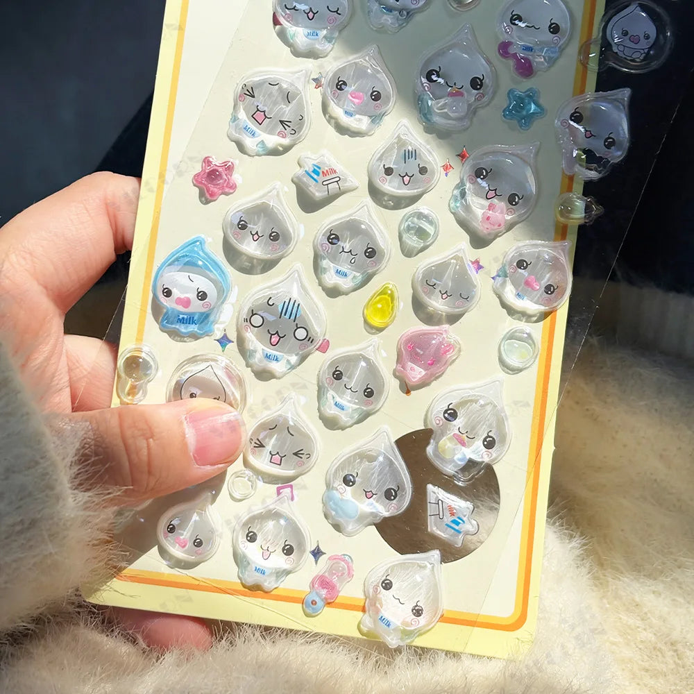 sticker 3d mignon goutte d'eau animaux étoiles arc ciel kawaii adhésif rose blanc bleuclair.texture